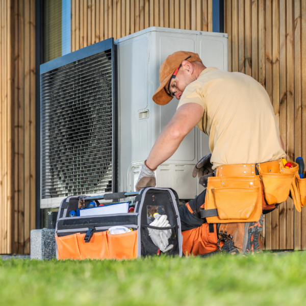 Installateur qui installe un module extérieur de pompe à chaleur contre la façade d'une maison
